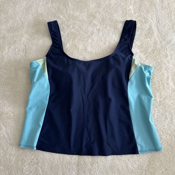 Inches Off Swimsuit Tankini Top Size 18W Navy Aqua Plus Size Colorblock Swimwear - Picture 1 of 6